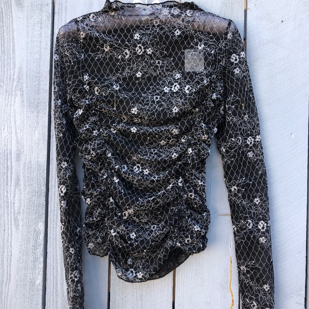 Free People medium floral sheer mock neck ruched black top new with tags